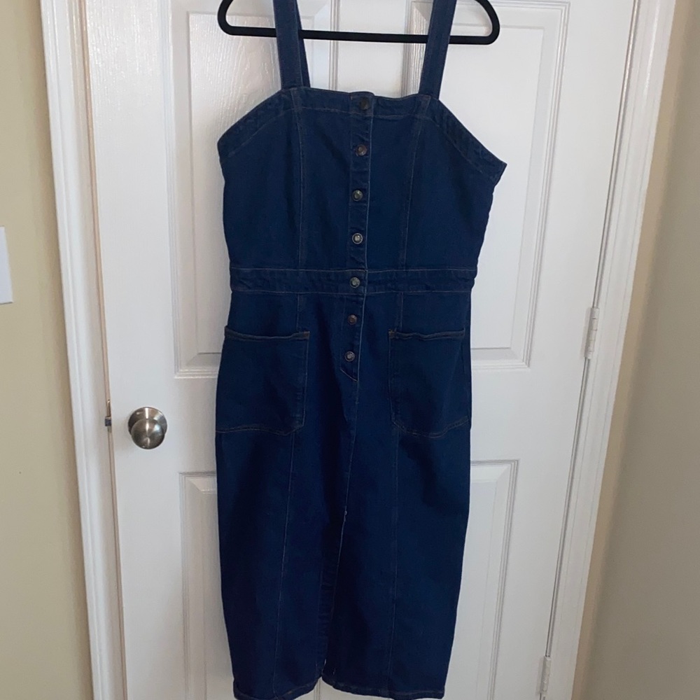 OAT Women's Fitted Denim Overall Button Dress Blue Size 14 - Picture 4 of 12